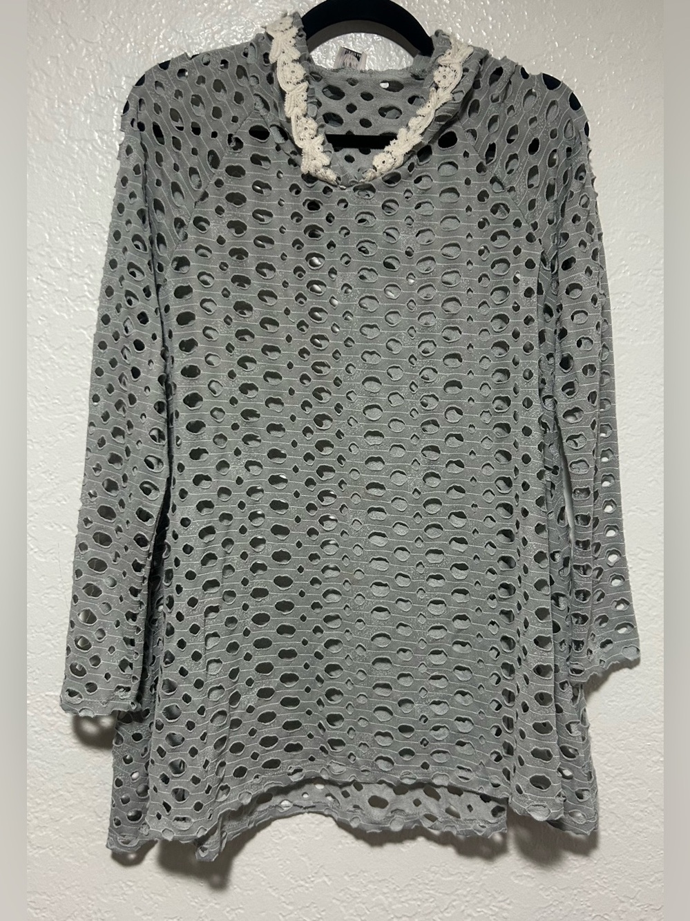 Gray Eyelet Knit Long Sleeve Hoodie with White Floral Trim
